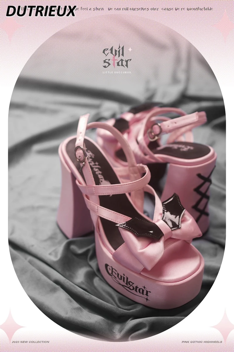 Fashion Gothic Y2K Hot Girl Black Pink Summer Thick Bottom Chunky Heel Sandals 2024 New Sweet Cute Elegant Womens Shoes