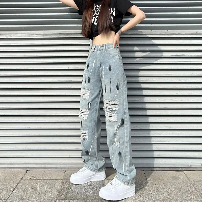 Splashing Ink Ripped Denim Pants with High Street Vibe and Trendy Design High Waist Slimming Loose Straight Leg Wide Leg Pants