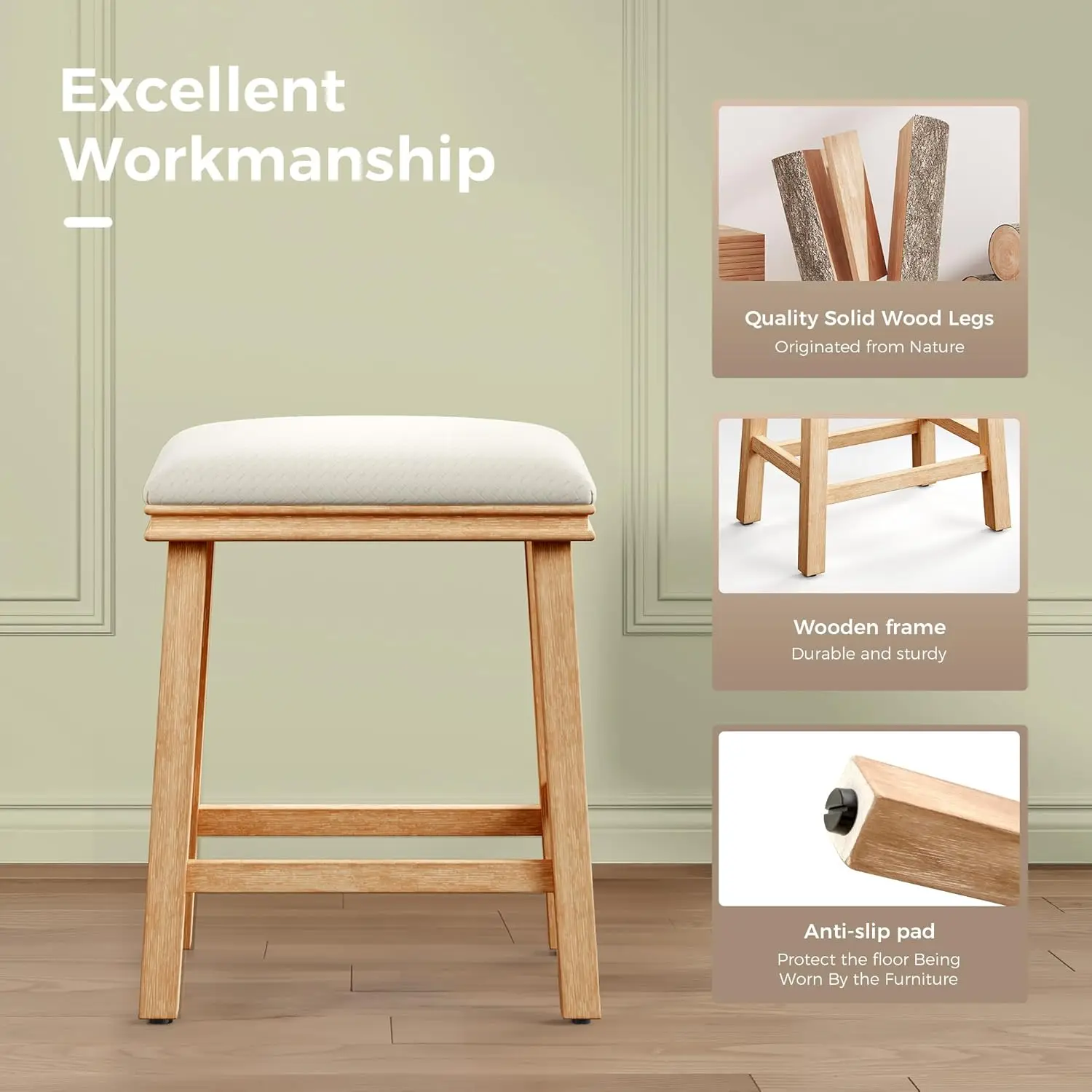 오프 화이트 바 스툴 2개 세트, 카운터 높이, 농가 스타일, 나무 다리, 인조 가죽 시트, 34'-38' 카운터용