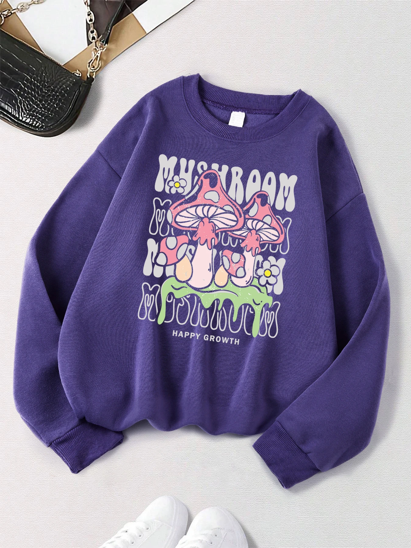 

Креативная толстовка с принтом грибов и буквами, женские повседневные толстовки с круглым вырезом, осенне-зимние флисовые пуловеры Y2K, уличная одежда