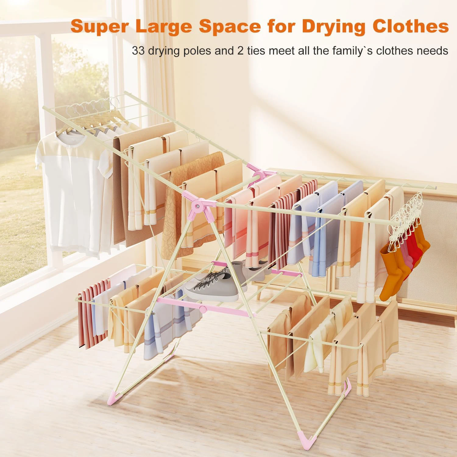 Stainless Steel Drying Rack 2-Level Floor-Standing Folding Home Furniture Clothes Drying Cool Balcony Baby Clothes Quilt Rack