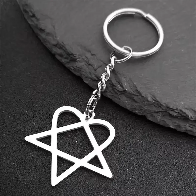 Music Him Heartagram Star Heart Key Ring Stainless Steel Silver Black Color Men Women Bag Charm Keychain Party Gift Jewelry