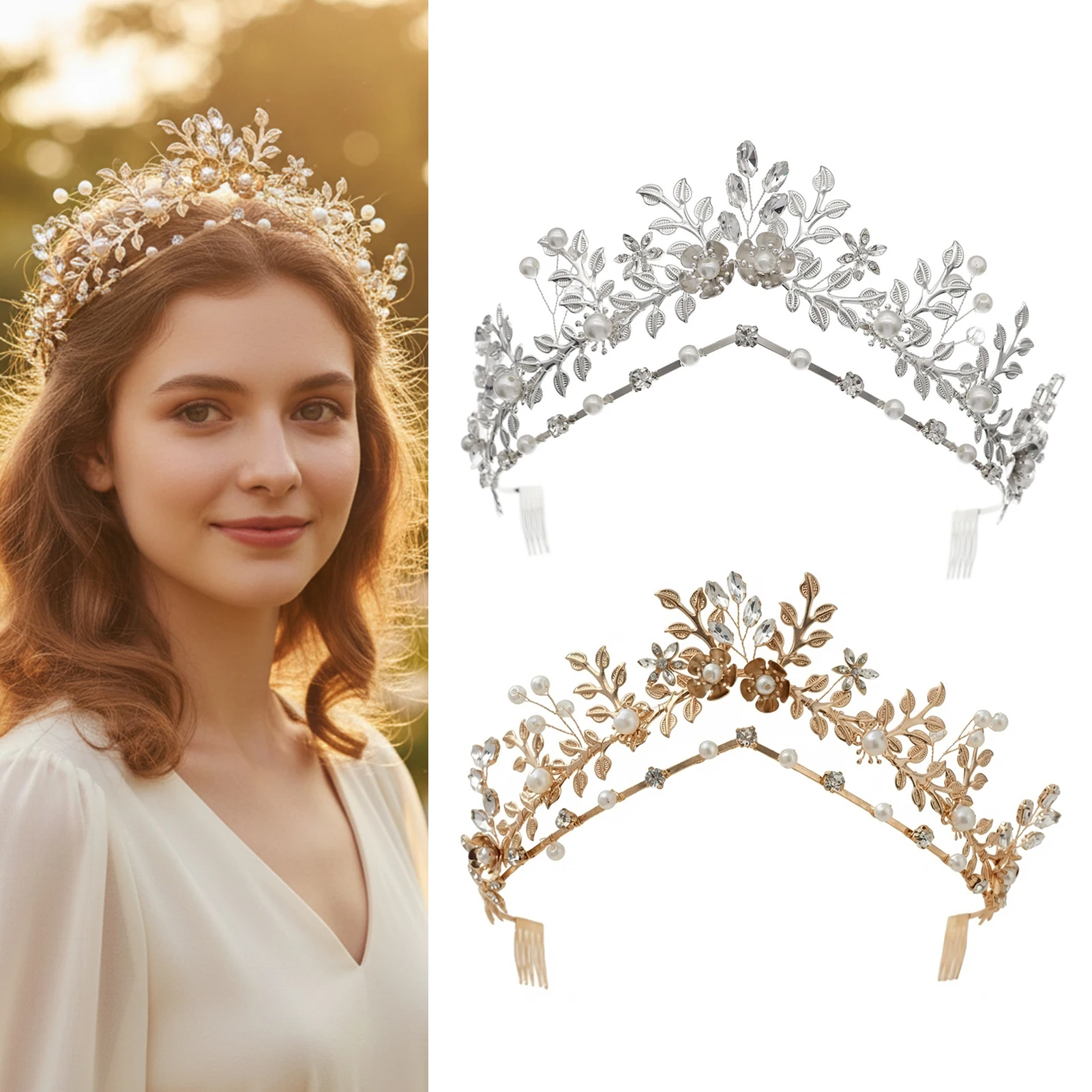 

Bridal Floral Metal Tiaras and Crowns with Hair Combs Gold/Silver Color Alloy Headbands for Bride Wedding Party Hair Jewelry
