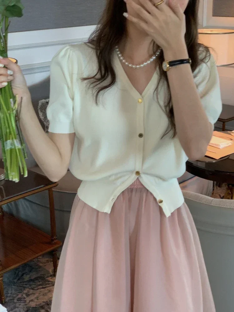 Ropa Mujer-Pull Vintage à Col en V pour Femme, Cardigan Court Chic, Manches Bouffantes, Tunique Sucirculation, Y-Coréen, Doux, 2025