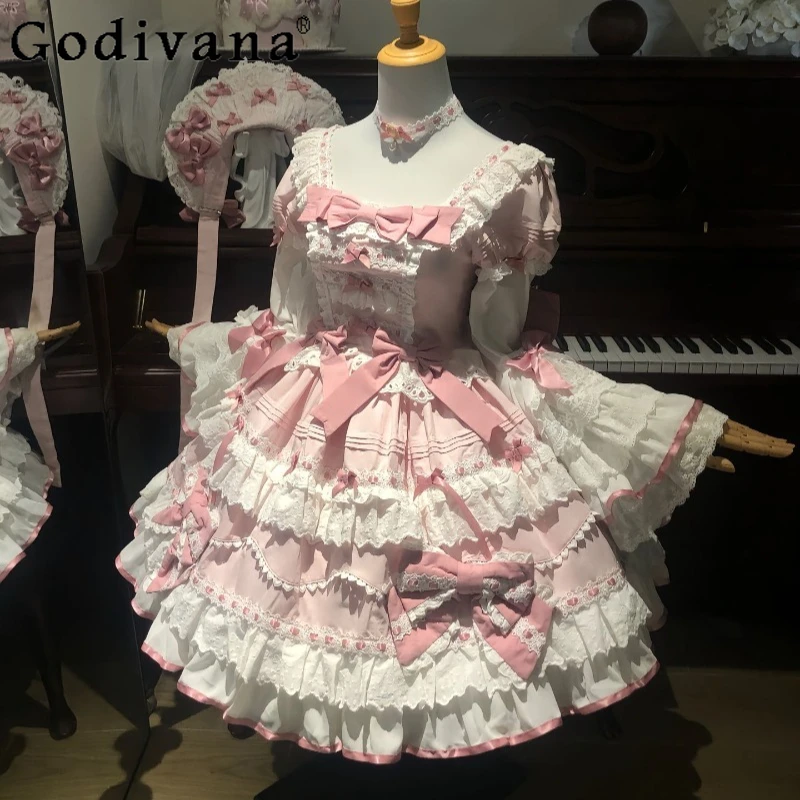 

Pink Vintage Ballet Style Lolita Dress for Women Elegant Cute Lace Flutter Sleeve Dress Female Japanese Princess Lolita Dress