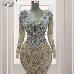 Customized Rhinestone Celebrity Dresses with Long Sleeves Women Evening Party Dubai Prom Gowns Vestidos De Gala