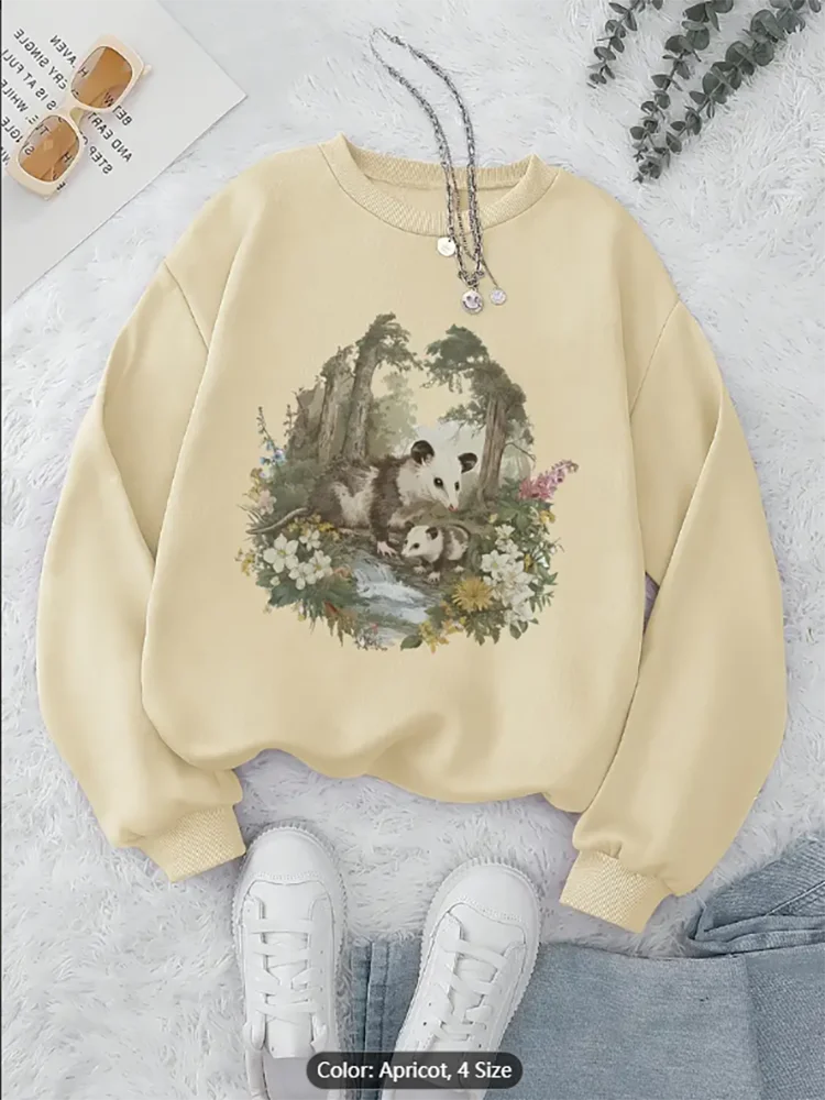 

Женская абрикосовая толстовка с графическим принтом «Опосум», повседневный пуловер большого размера, топ для любителей животных, чистый хлопок, можно стирать в машине