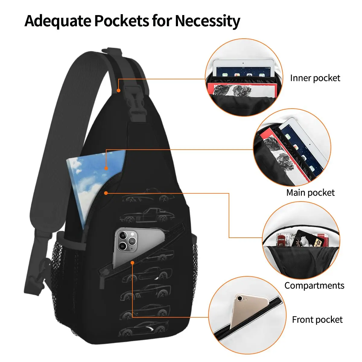 Evolution Of The Corvette - Profile White Chest Bag Men Sling Crossbody Backpack Chest Bag Traveling Hiking Daypack Shoulder Bag