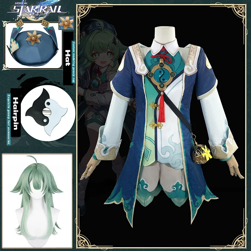 

Huohuo Cosplay Costume Green Gradient Wig Game Honkai: Star Rail Dress Uniform Hairpin Hat Foxian Ten-Lords Commission Halloween