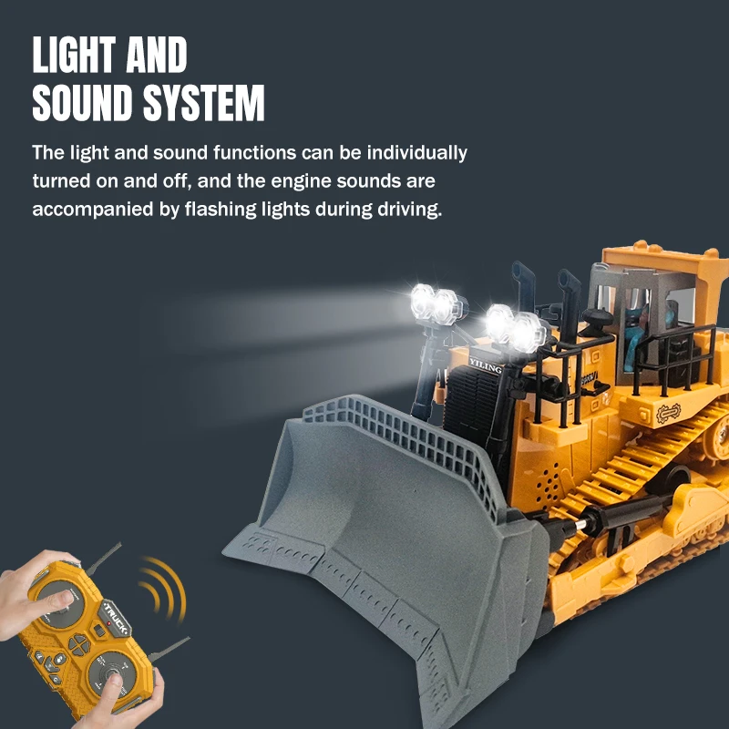 Rc Bulldozer 2.4G 9Ch 11Ch 4Wd Escavatore telecomandato Lega Autocarro con cassone ribaltabile Auto Veicolo da costruzione Giocattolo Bambini Regali per bambini