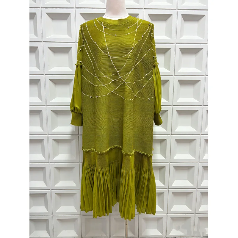 

Осень-зима 2022, новое платье с бисером и ногтями, ромбовидным принтом, рукавами-фонариками, рюшами и складками, трясующее платье, женская одежда