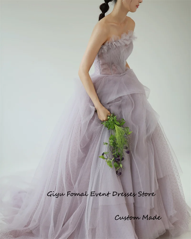 Giyu Fairy Old Purple Tulle Wedding Dresses Korea Photo shoot Strapless Ruffles Garden Bridal Gowns Formal Evening Dress Corset