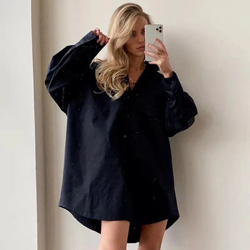 

2026 New Arrival Women's White Button Down Asymmetrical Oversized Long Shirt Dress Hem Minimalist Style Work to Weekend Shirt