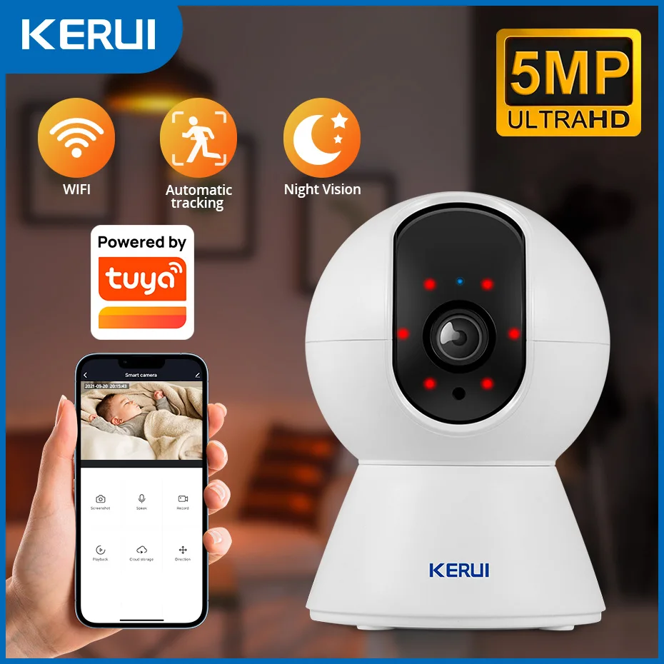 Cámara PTZ KERUI 5MP 8MP 4K, Cámara IP WiFi Interior, Compatible con Tuya, Seguridad Inalámbrica para el Hogar, Cámara de Vigilancia CCTV, Seguimiento Automático