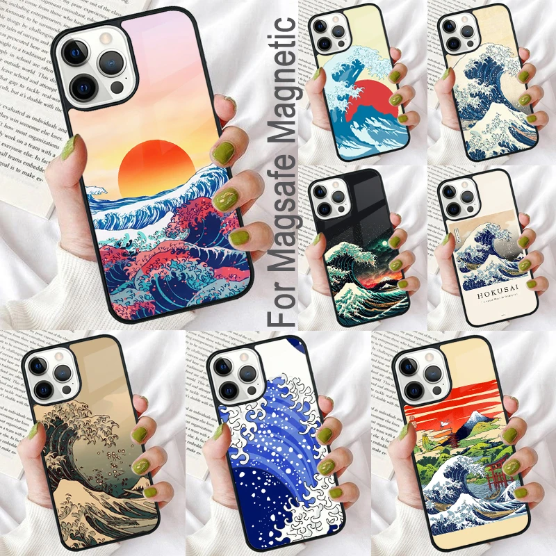 The Big Wave of kanagawa Magnetic Soft Phone Case for iPhone 16 Promax 15 Pro 13 14 Plus 11 12 Mini MagSafe Coque