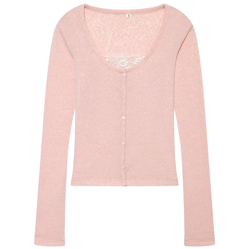 HXAO 2026 Lace Pink Women's Jacket Demi-Season Elegant Women's Cropped Jackets Long Sleeve Tops Button Up Knit Cardigan Coat