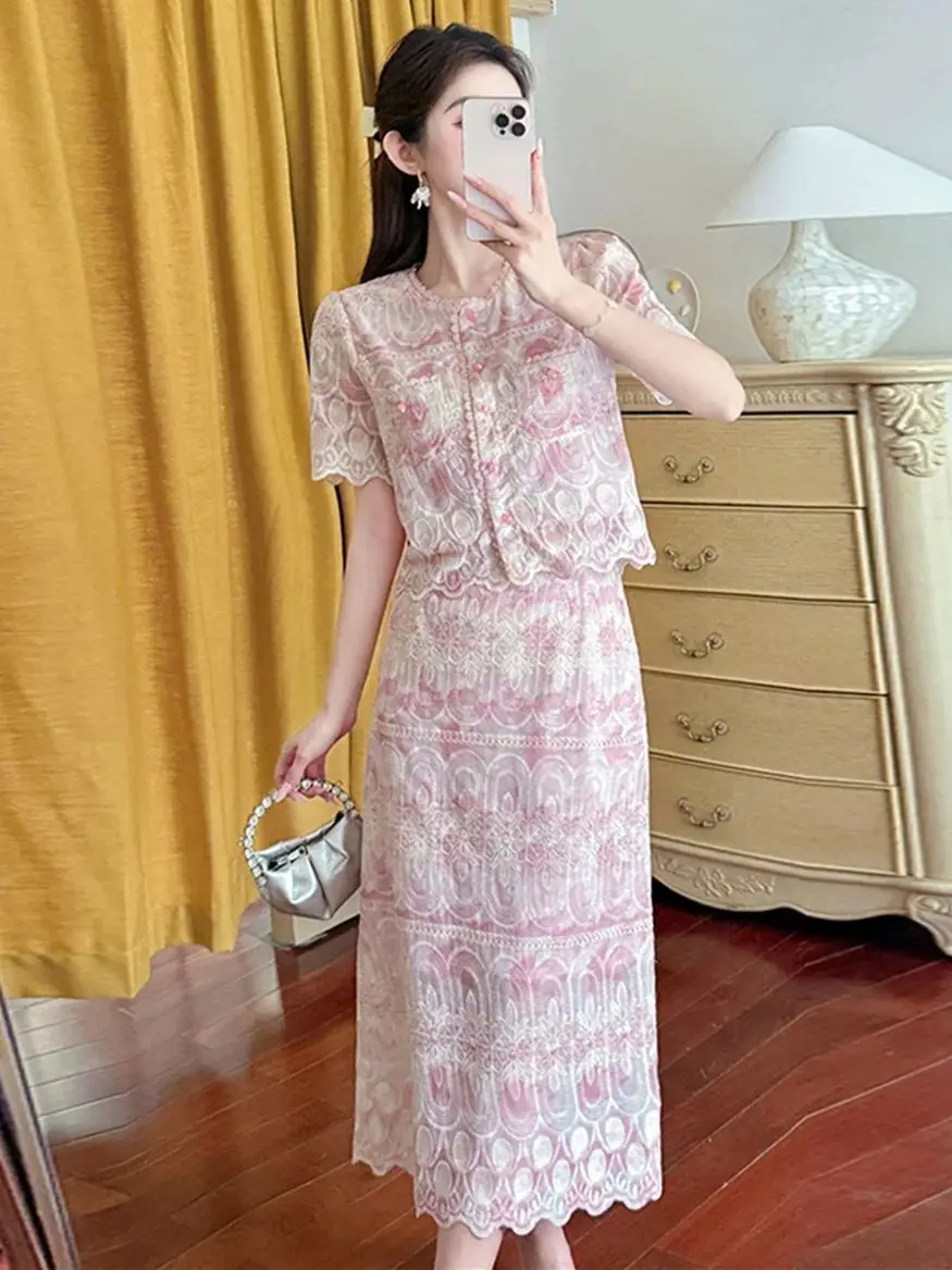 

Summer 2025 Elegant Ladies Embroidered Lace Two Piece Outfits Sets Women Print Short Sleeve Blouse and Long Skirt Suits