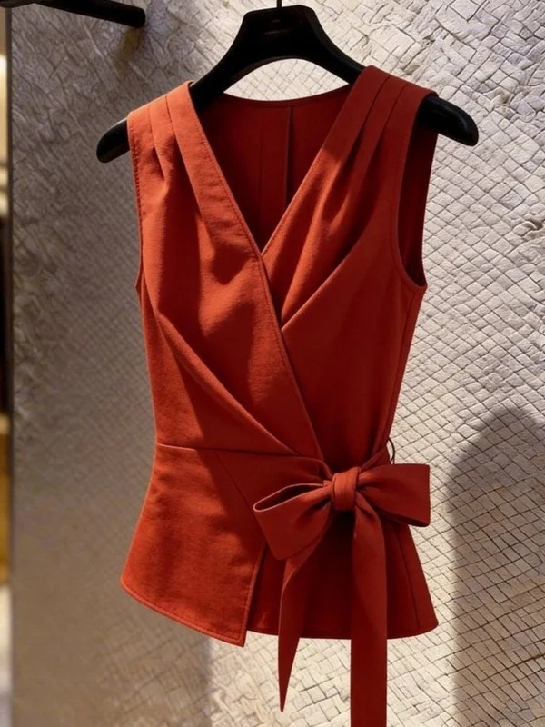 

Unique Stylish Orange Red Sleeveless Women's Shirt Korean Design Summer New Style Slimming V-neck Knot French Style