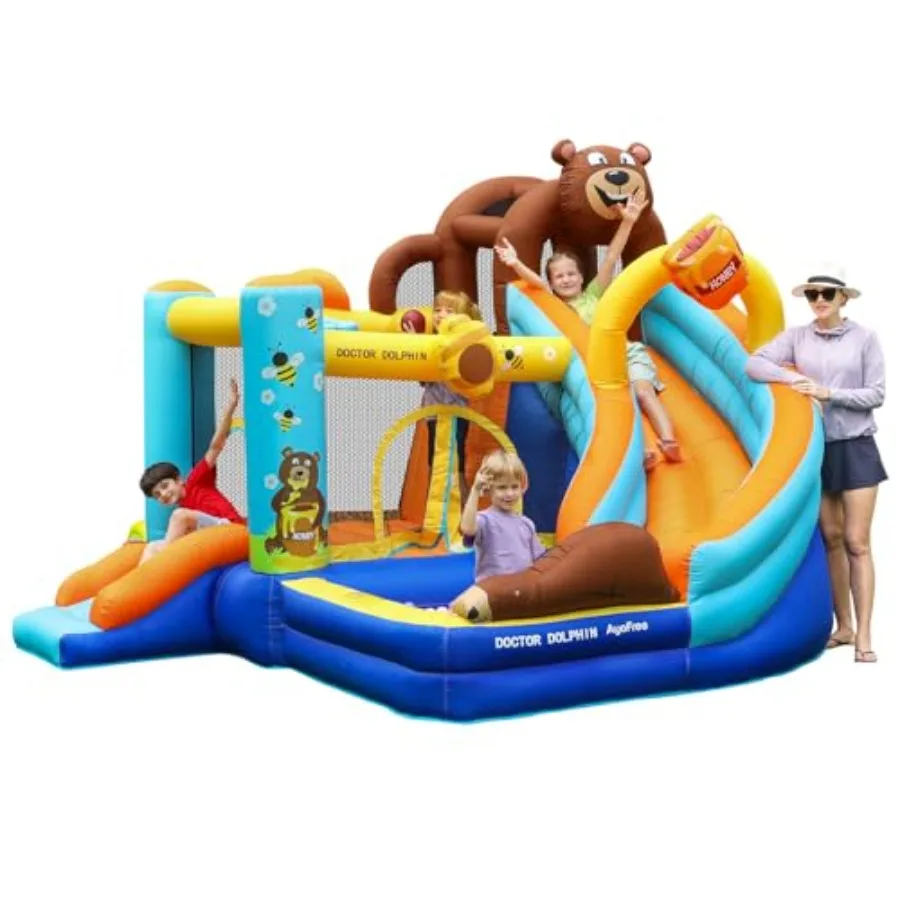 

Inflatable Bounce House Double Slide for Big 6-in-1 Bear Jumping Castle with 450L Air Blower Air Cushion Ball Pit Climbing Wall