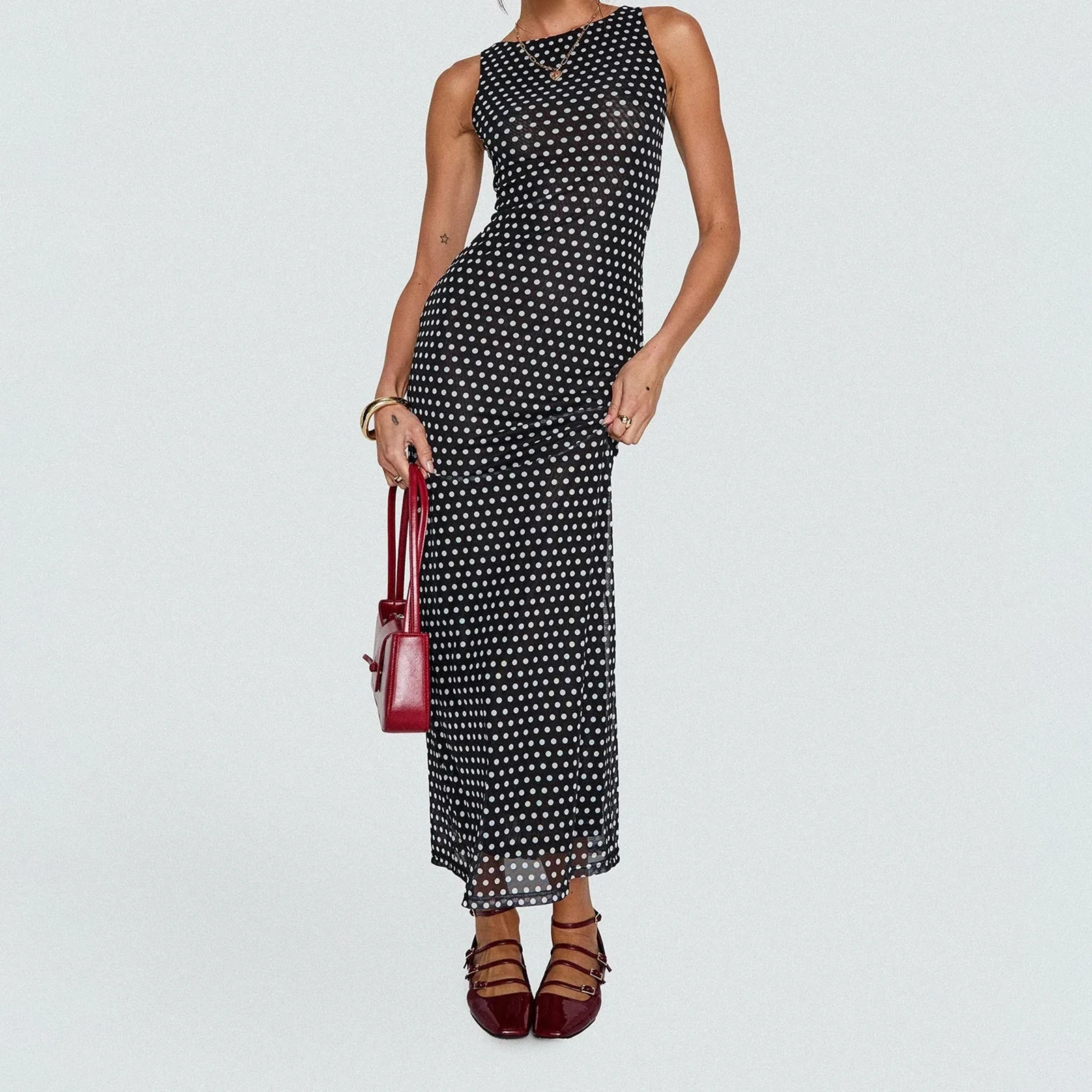 Elegant Women's Summer Long Tank Dress Dot Print Sleeveless Slim Fit Chiffon Dress for Party Casual