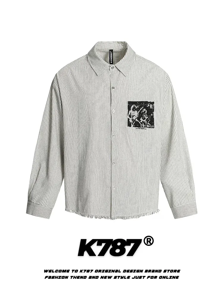 

K787 American Street Band Print Striped Long Sve Casual irt Men's Loose Fit T-irt with Frayed Hem Design for Youth