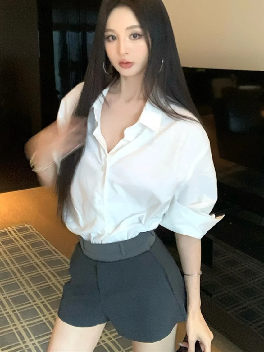 Alien Kitty 레트로 슬림 셔츠 여성 미니멀리스트 Office 레이디 하이 웨이스트 스트리트웨어 반바지 Daily All Match Fashion New Summer