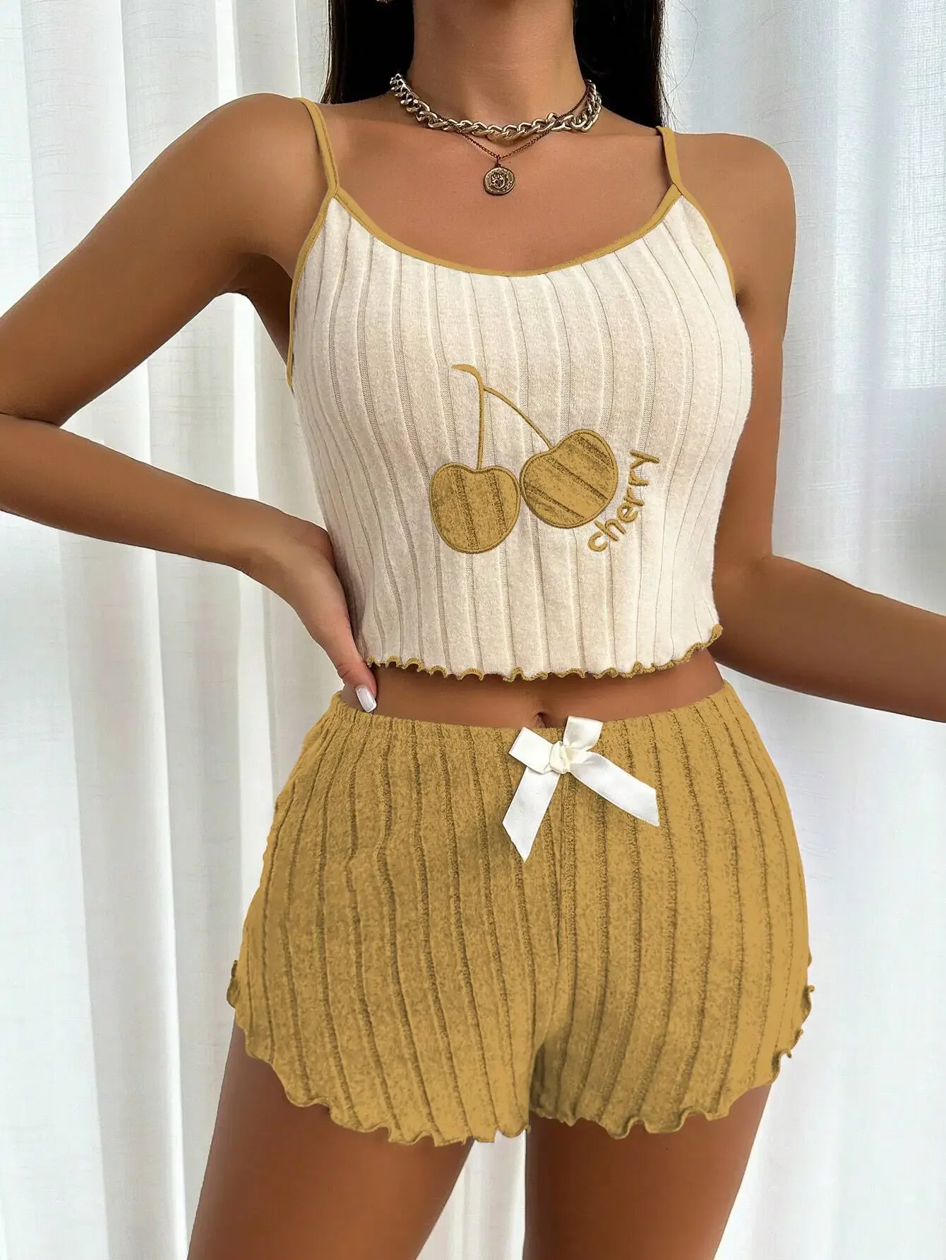 2026 New Women's Autumn Cute Home Clothes Embroidered Folded Cherry Strap Pajama Top Shorts Ribbed Fashion Two Piece Set Y2K