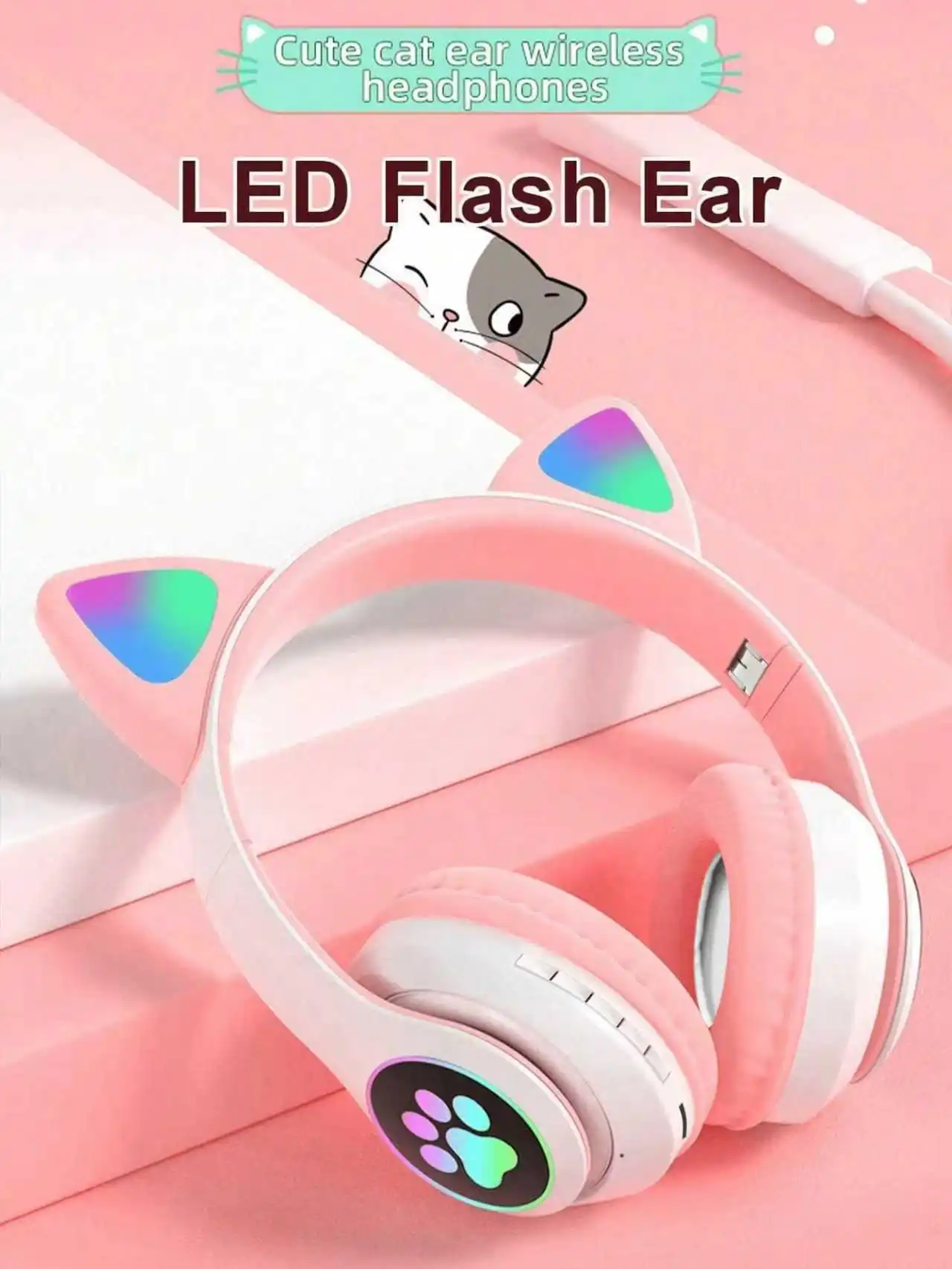Cute Led Glowing Cat Ear Wireless Bluetooth Headphones Deep Bass_voghion.com