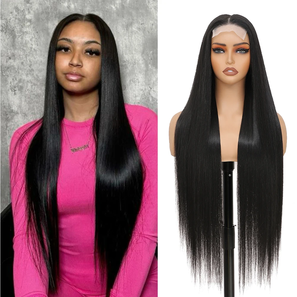 

Длинный прямой черный парик фронта шнурка Натуральный черный 36-дюймовый синтетический парик фронта шнурка 4X4 HD для женщин Термостойкое волокно