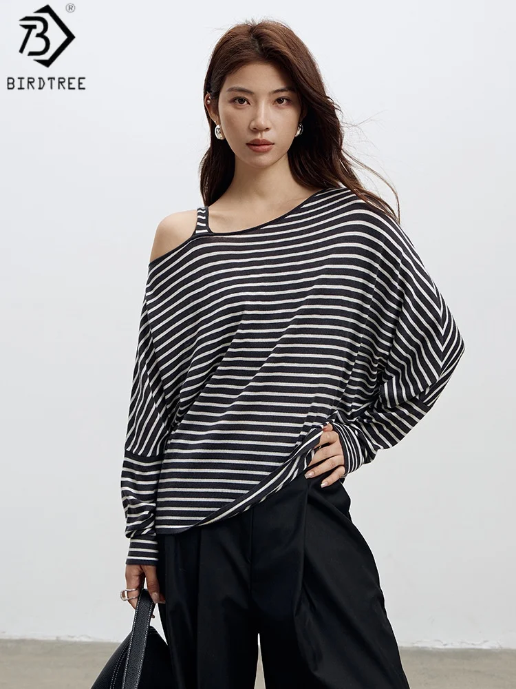 Birdtree 32.4% Wool 30.1% Acrylic Stripe Smock Sweater,Woman Wool Blend Sloping Shoulders Dolman Sleeve Autumn Knitwear T58812JF