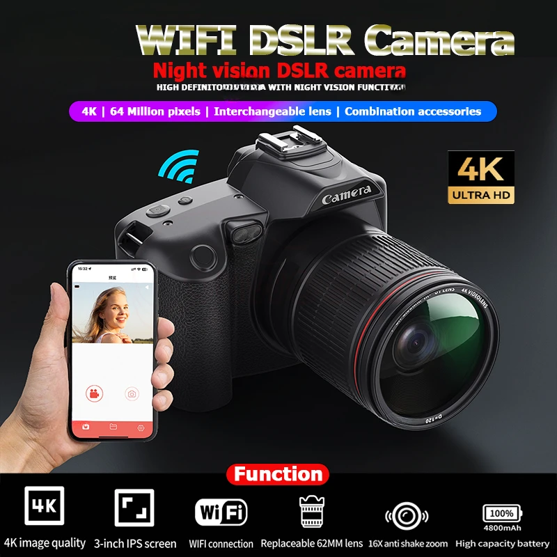 كاميرا احترافية 4K كاميرا واي فاي كاميرا رقمية HD 64 مليون بكسل كاميرا فيديو 16X فتحة زمنية لمسجل مدونة فيديو يوتيوب DSLR