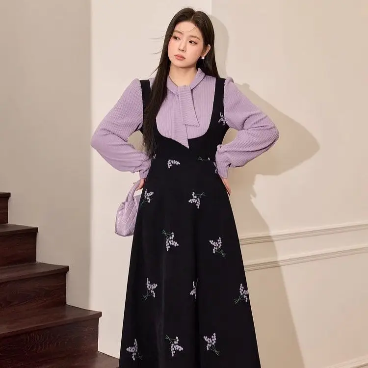 Women's Slim Waist Cinched A-line Skirt Long Sleeved Printed Dress Autumn Fake Two Piece Sweater Dress French Style Skirt C311