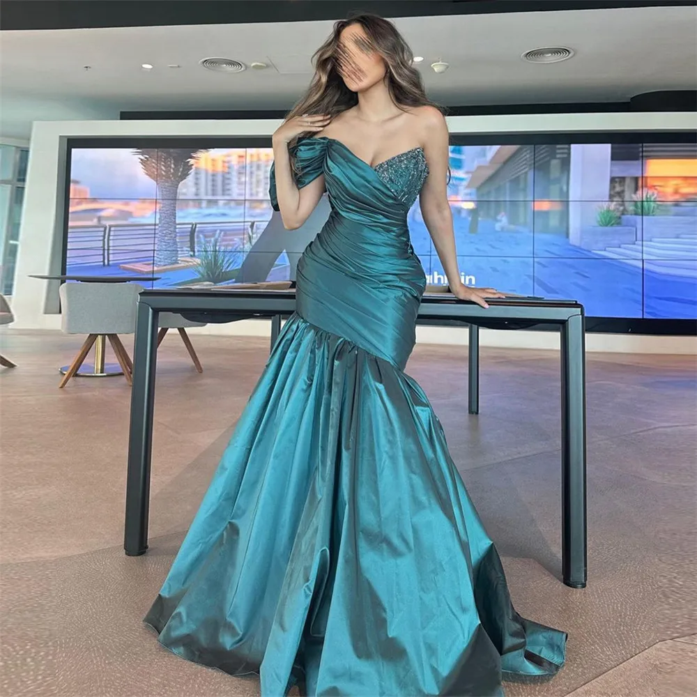 Customized Teal Blue Saudi Arabic Taffeta Evening Dress Mermaid One Shoulder Formal Women Prom Party Gown Special Occasion Dress