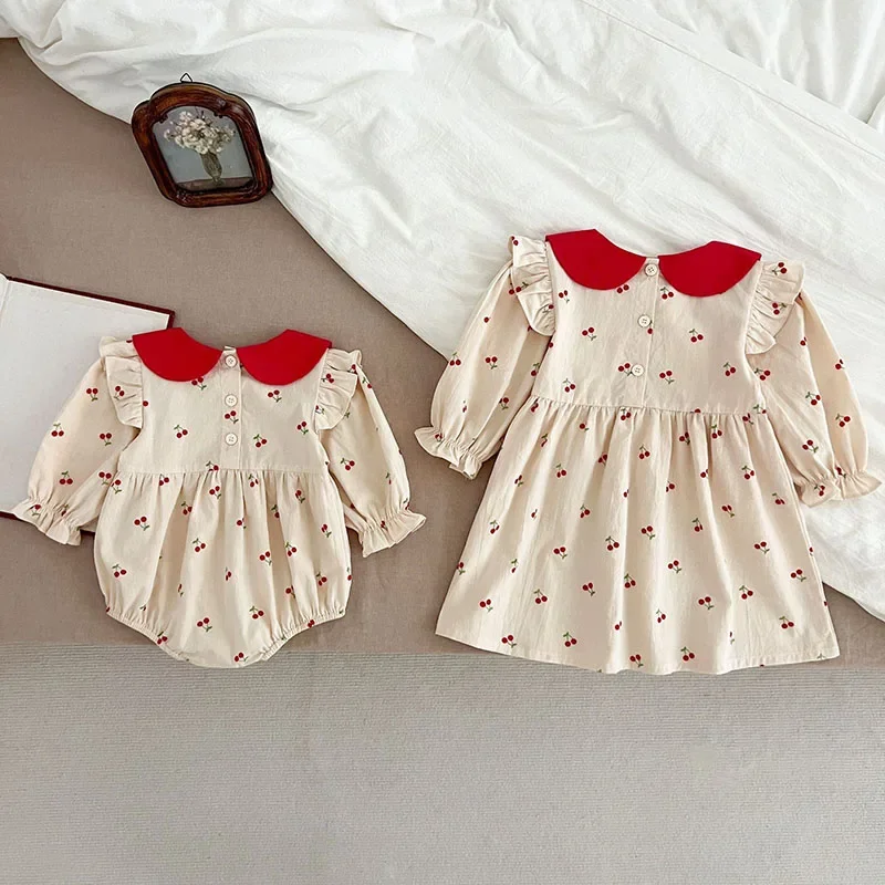 Sisters Outfit Sweet Cherry Baby Girls Bodysuit Spring and Autumn Girls' Princess Dress Cute Infant One Piece Kid's Clothes