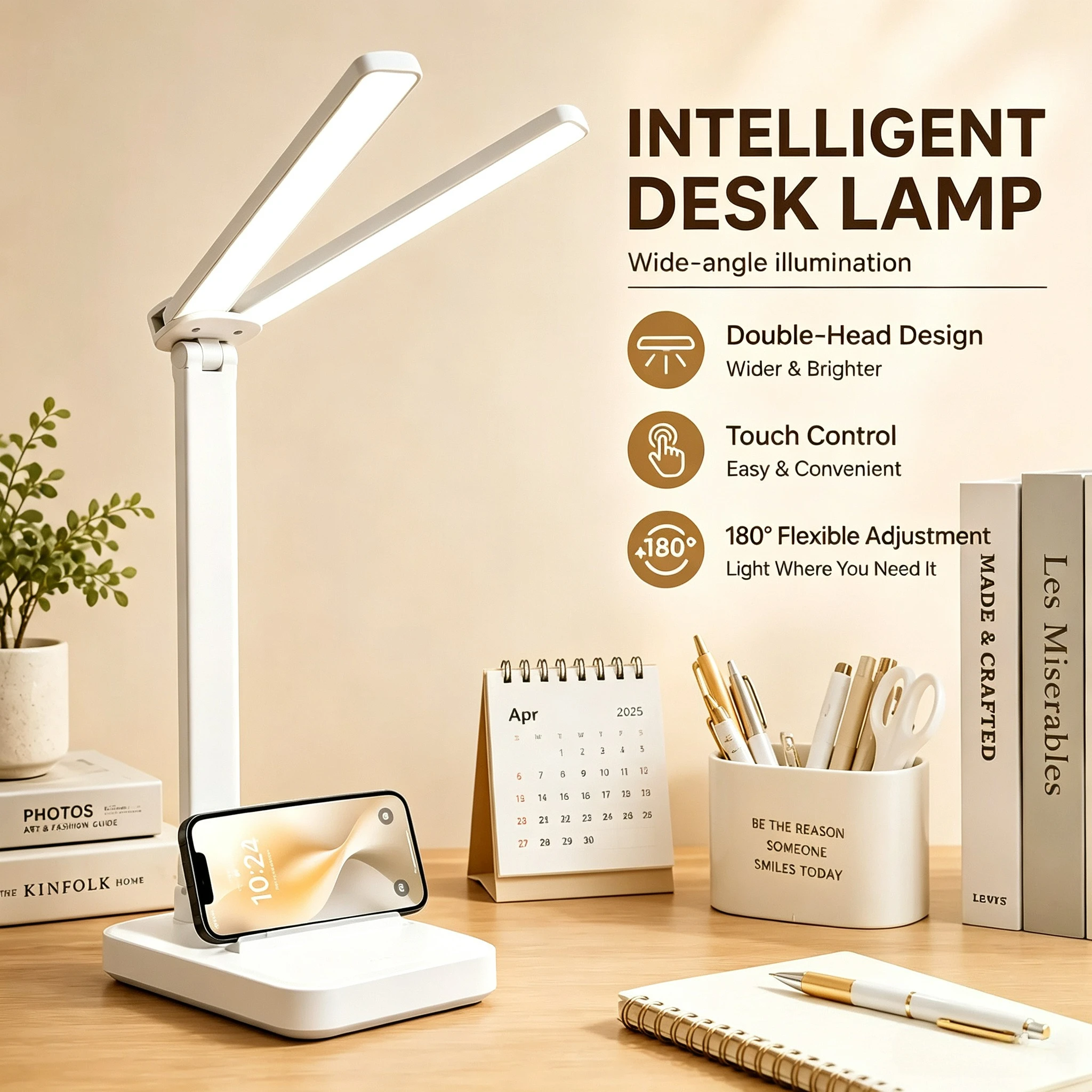 Dual Head Foldable LEDDesk Lamp 3 Levels Dimmable Touch Night Light USB Rechargeable Eye Protection for Bedroom Dorm Study