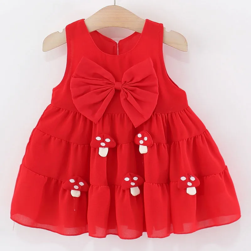 

Summer Infant Girl Clothes Korean Cartoon Cute Big Bow Sleeveless Chiffon Kids Dresses Baby Clothing First Birthday Dress B077