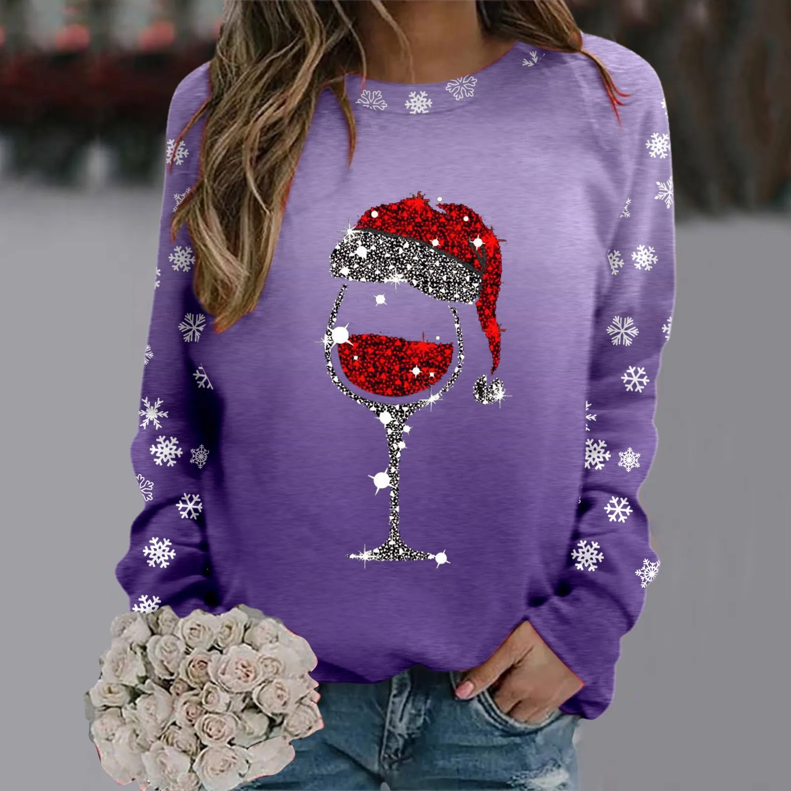 Women Christmas Sweatshirt Black Loose Snowflake Deer Head Cup Print Sweater Top Long Sleeve Autumn Hoody Oversize Streetwear