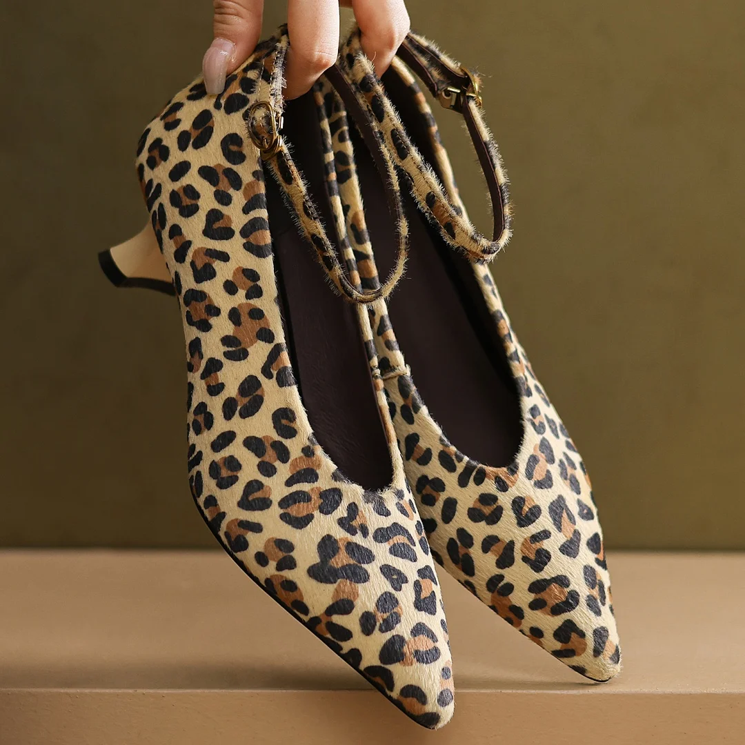 

Women's leopard horsehair ankle strap pumps elegant ladies 5cm thin high heel daily slim dress heeled evening OL style shoes hot