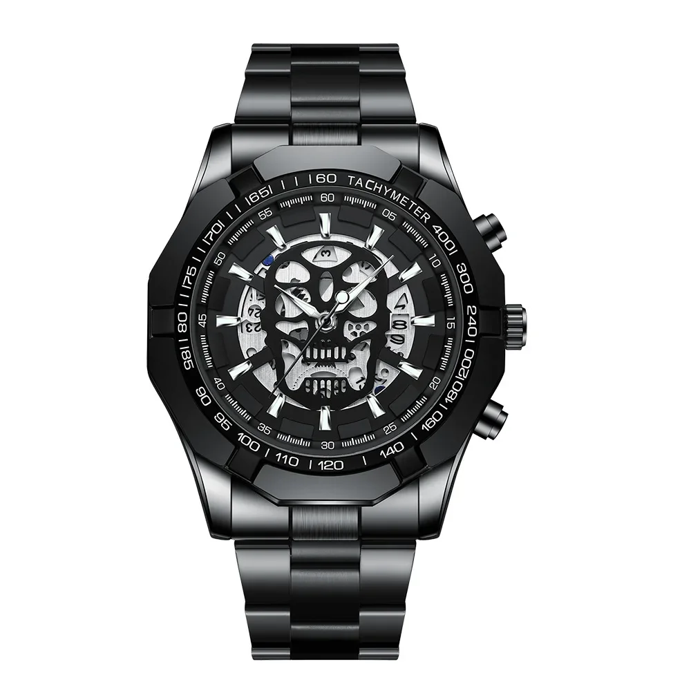 UTHAI Men Watch Brand Sports Trend Original Luminous Skull Hollow Steel Strip Waterproof Male Fashion Quartz Clock Wristwatch
