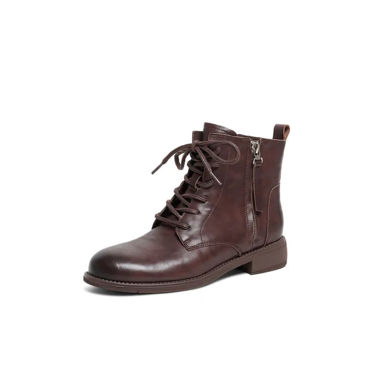 

Brown Real Leather Short Boots For Women Elegant Lace-up Lady Shoes With Zip Round Toe Low Heels 2025 New Phoentin FT4250