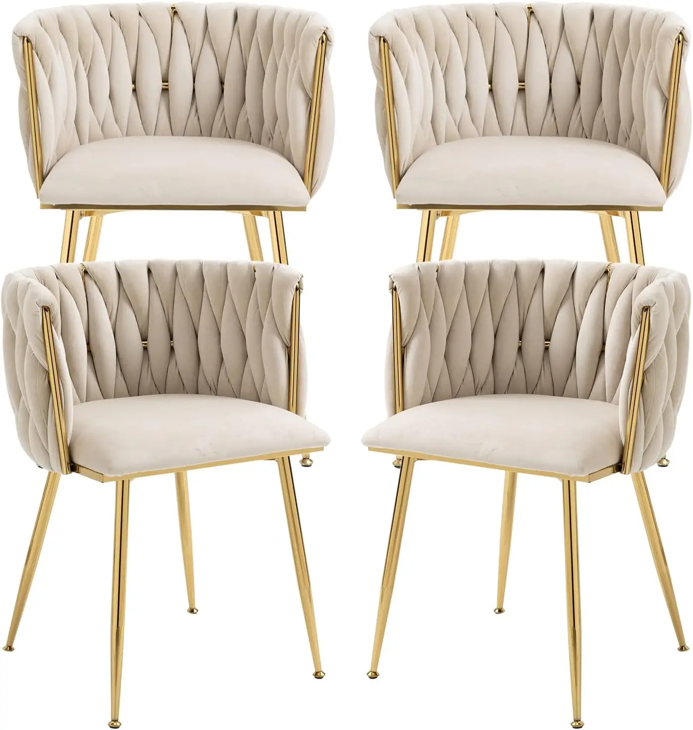 Chairs Set of 4, Woven Upholstered Dining Chairs with Gold Metal Legs, Modern Accent Chairs for Living Room, Dining Room, Kitche