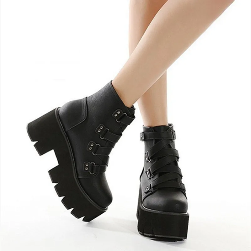 Punk Style Chunky High Heel Ankle Boots Women Cross Strap Platform Boots for Women Winter Non-slip Waterproof Warm Biker Botines