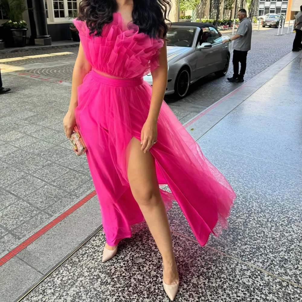 Scalloped Sleeveless Straight Tulle Front Slit Floor Length Evening Dress Tiered Temperament Solid Color Saudi Arabia 2024