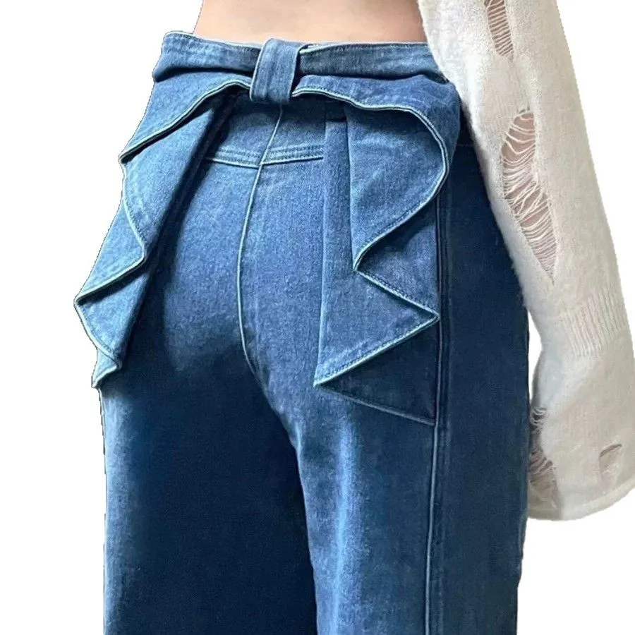 Jeans mit Schleifendetail für Damen, Hose mit hoher Taille und weitem Bein, Vintage-Blau, schlankmachende schmale Palazzos für den Herbst