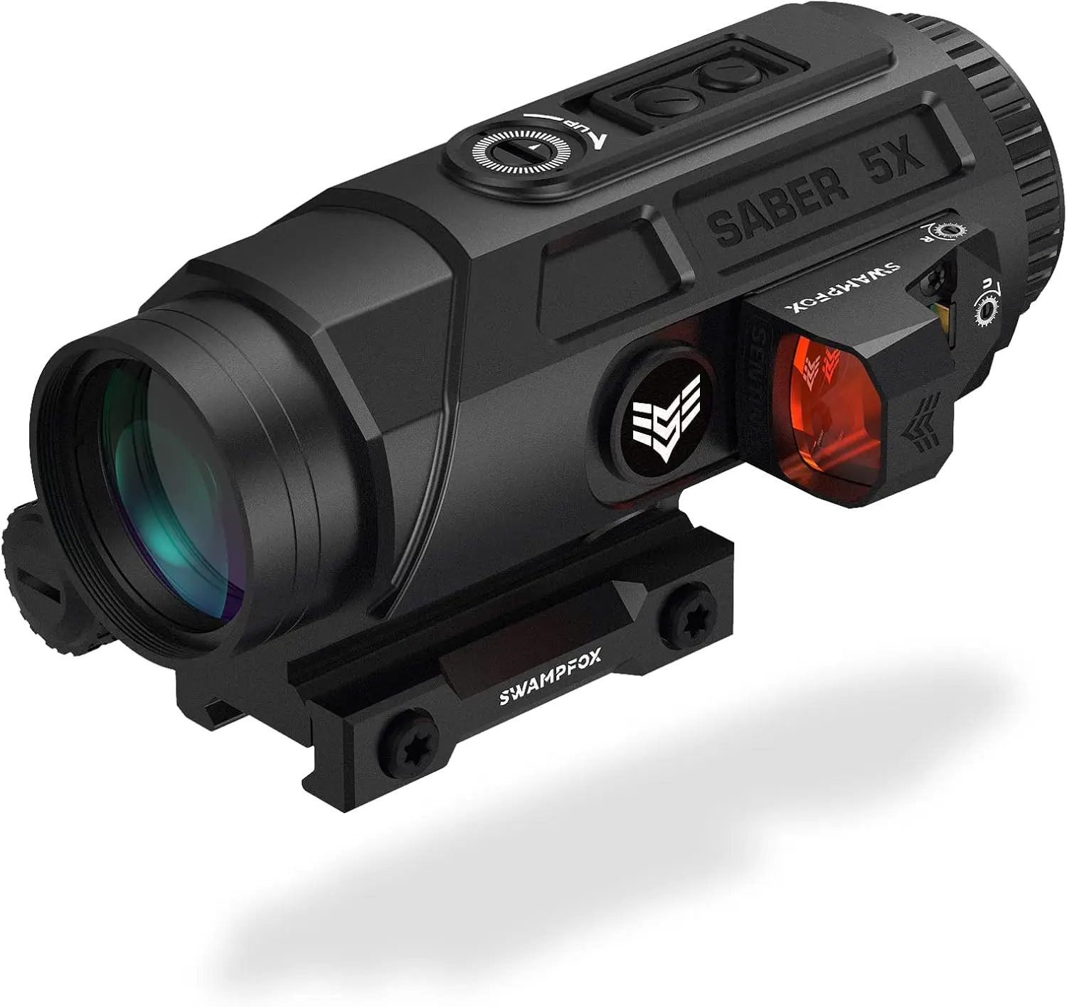 Swampfox Saber 5X Prism Scope Red/Green Strike MOA Reticle 90° Sidecar Motion Sensing Auto-On Shake N’ Wake Technology