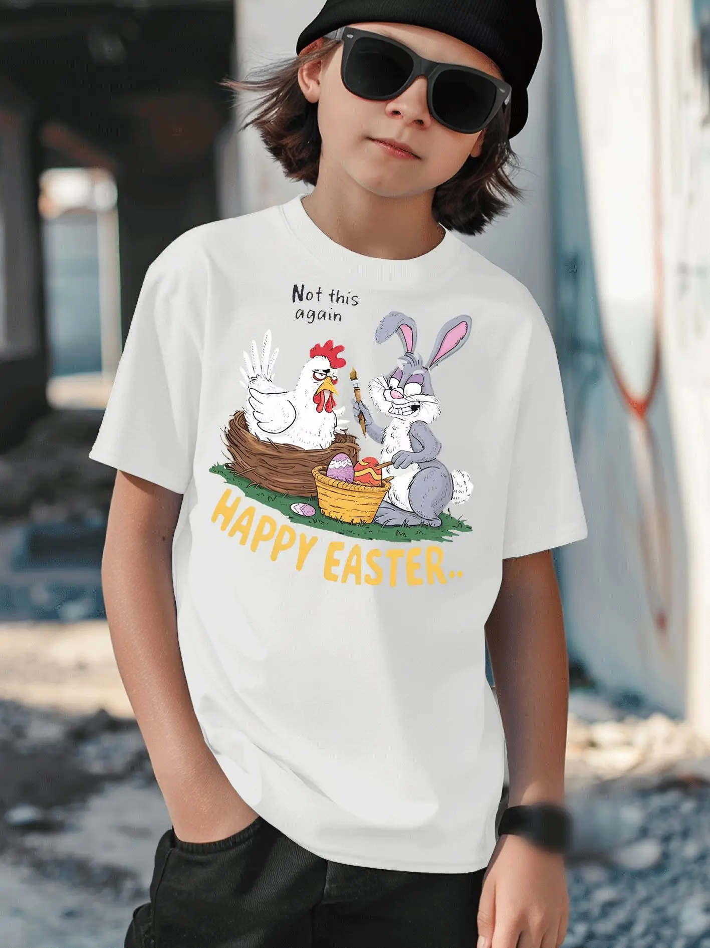 Casual Children's T-shirt Cartoon Chicken and Rabbit with Easter Egg Design Easter Gift Personalized Parent-child Outfit