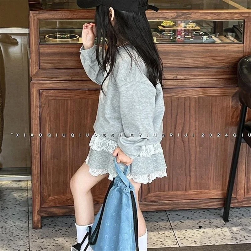 Summer Girls Sweatshirt Clothing Sets Kids Long Sleeve Top+Skirs 2Pcs Suit Fashion Lace Drawstring Outfits Children Clothes 2-8Y