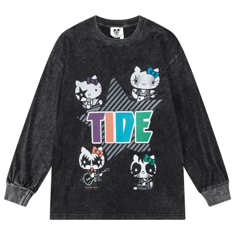 Hello Kitty เสื้อกันหนาวผู้ชายรอบคอ Retro Pullover พิมพ์ฤดูใบไม้ร่วงและฤดูหนาว Distressed เสื้อผ้าการ์ตูนวันหยุดของขวัญ