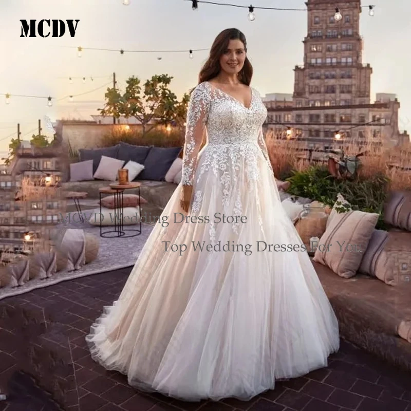 

MCDV Plus Size Wedding Dresses For Bride Long Sleeves V Neck A Line Bridal Gowns Talla Grande Customized