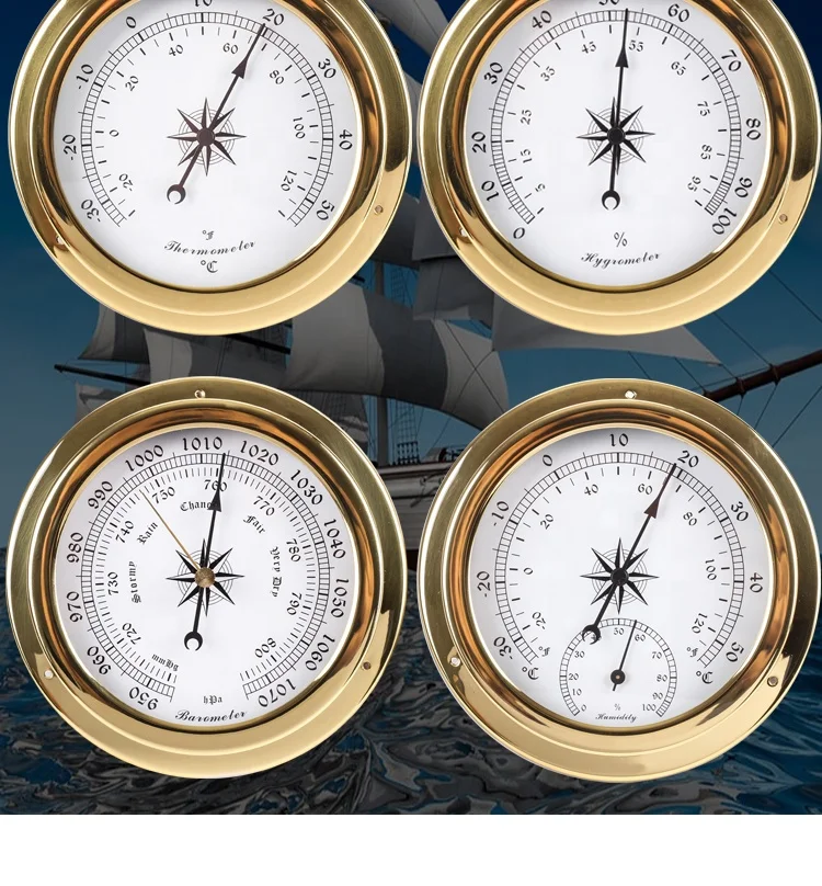 4 pcs/set Brass Case Traditional Weather Station Barometer Temperature Hygrometer and Tide Clock 145mm Large size